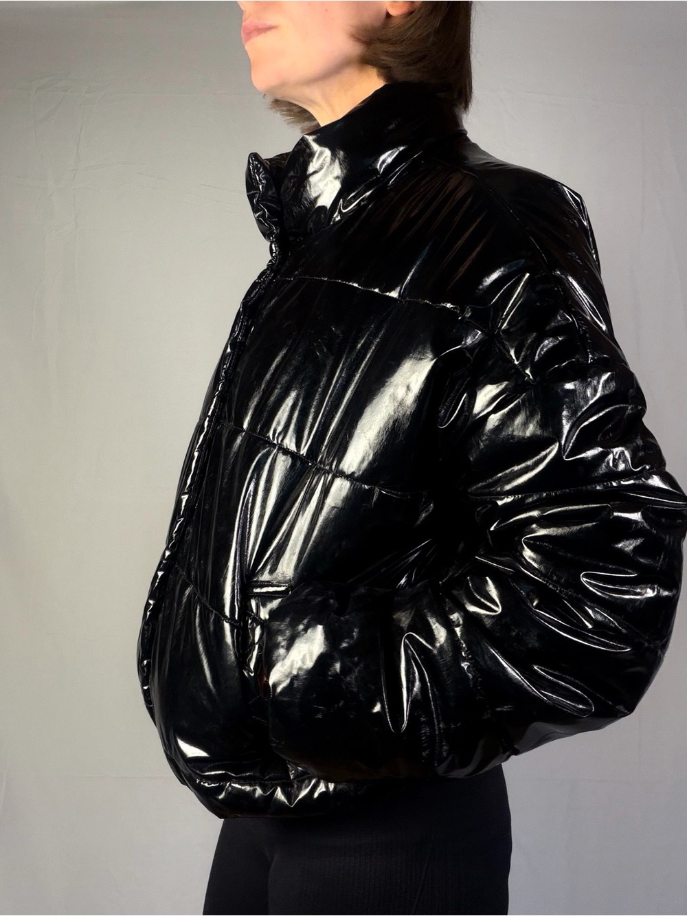 Black Glossy Puffer Jacket - Women